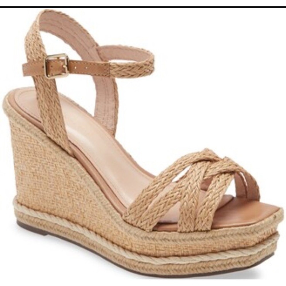 Chocolat Blu Bora Tan Raffia  Espadrille Strappy Wedge Sandals Size 40 US 9